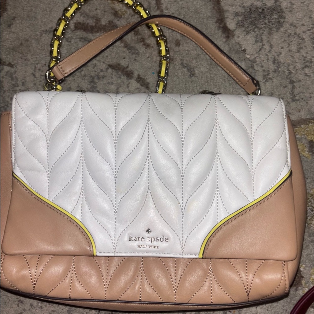 Kate Spade White and Tan Quilted Shoulder Bag with Yellow Accents